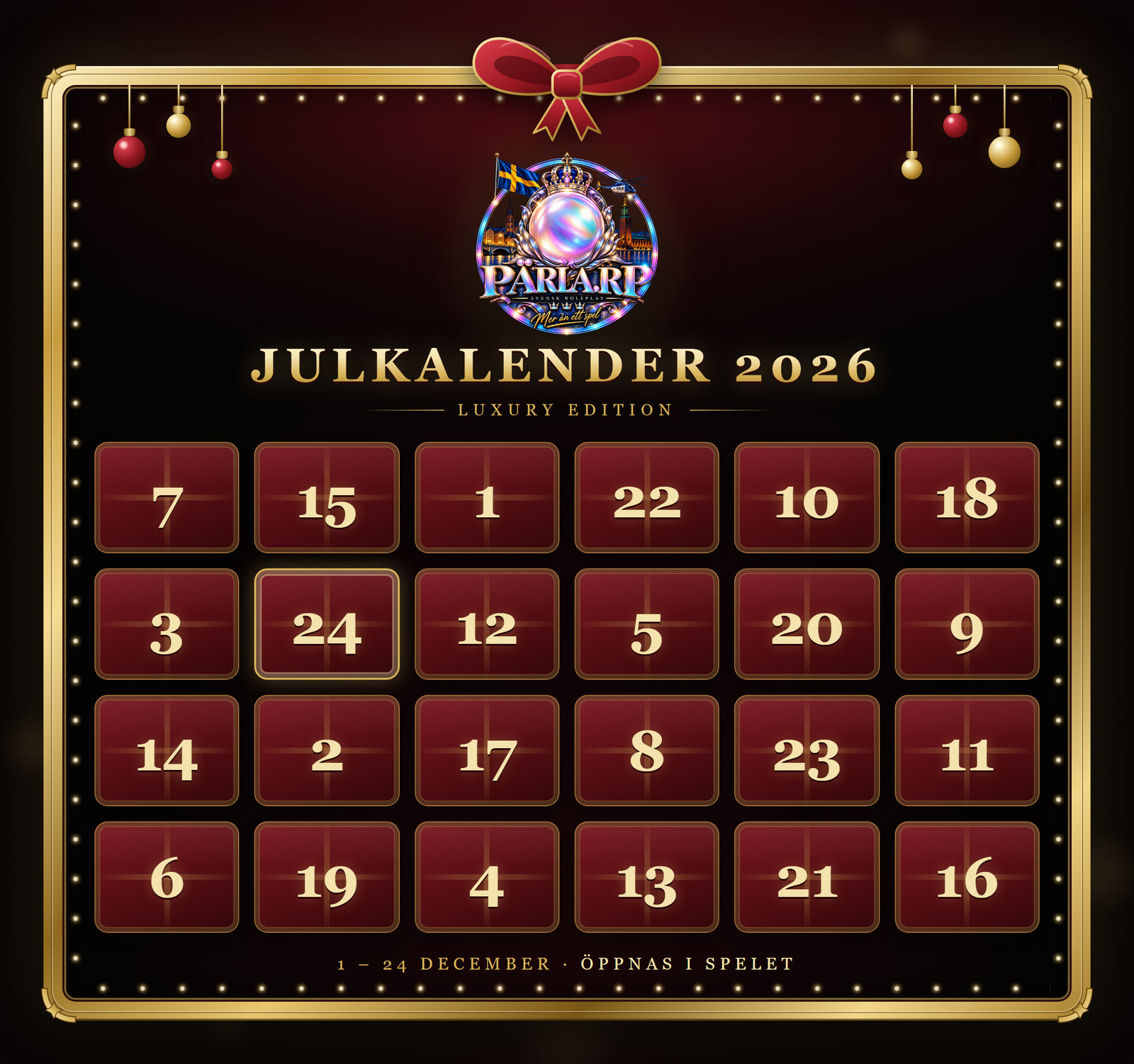 Förhandsvisning av Pärla RP Julkalender 2026 – Luxury Edition: Pärla RP-logotypen överst, en kraftig guldram med röd rosett och julbelysning, och 24 stängda, numrerade luckor i mörkrött och guld. Luckorna öppnas bara i spelet.